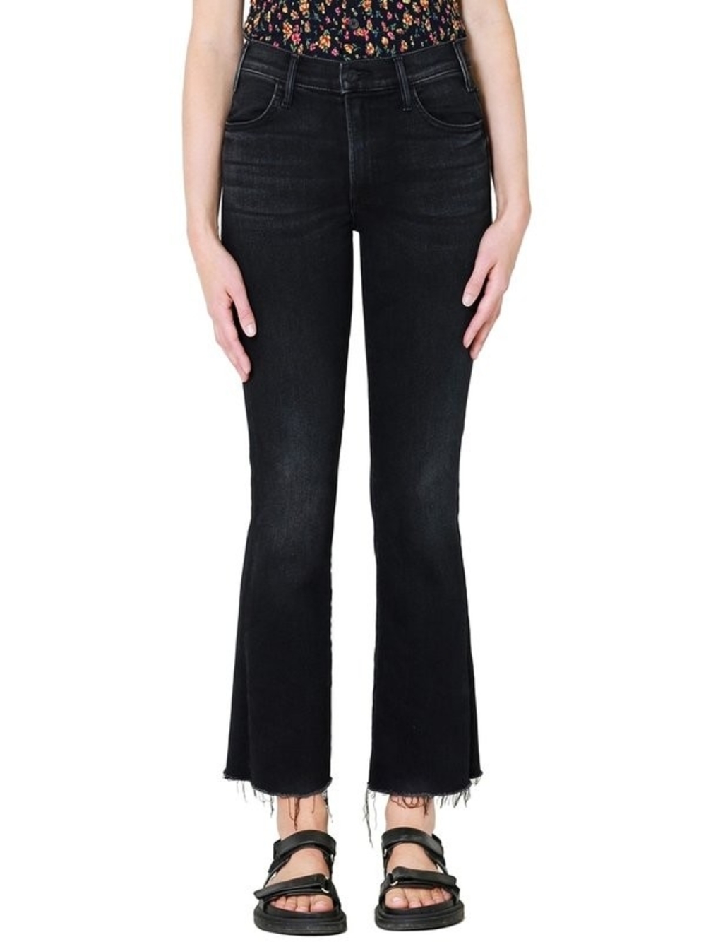 MOTHER The Hustler Ankle Fray Black Flare Jeans Size 28